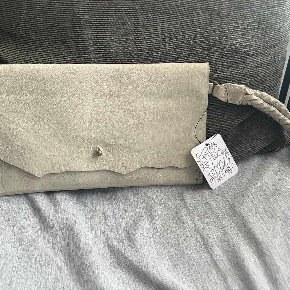 Free People Cream Leather Clutch with Braided Wrist Strap